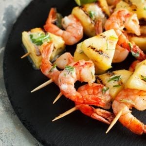 Grilled Teriyaki Prawn Skewers (BBQ) with red peppers and pineapples
